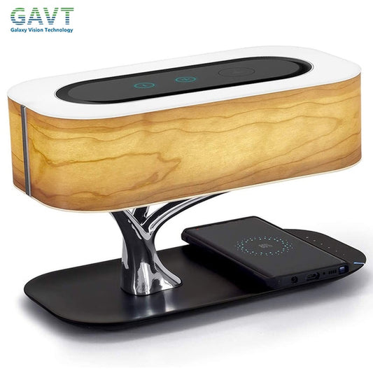 Wireless Dimmable LED Desk Lamp with Bluetooth Speaker, Phone Charger, and Tree Design